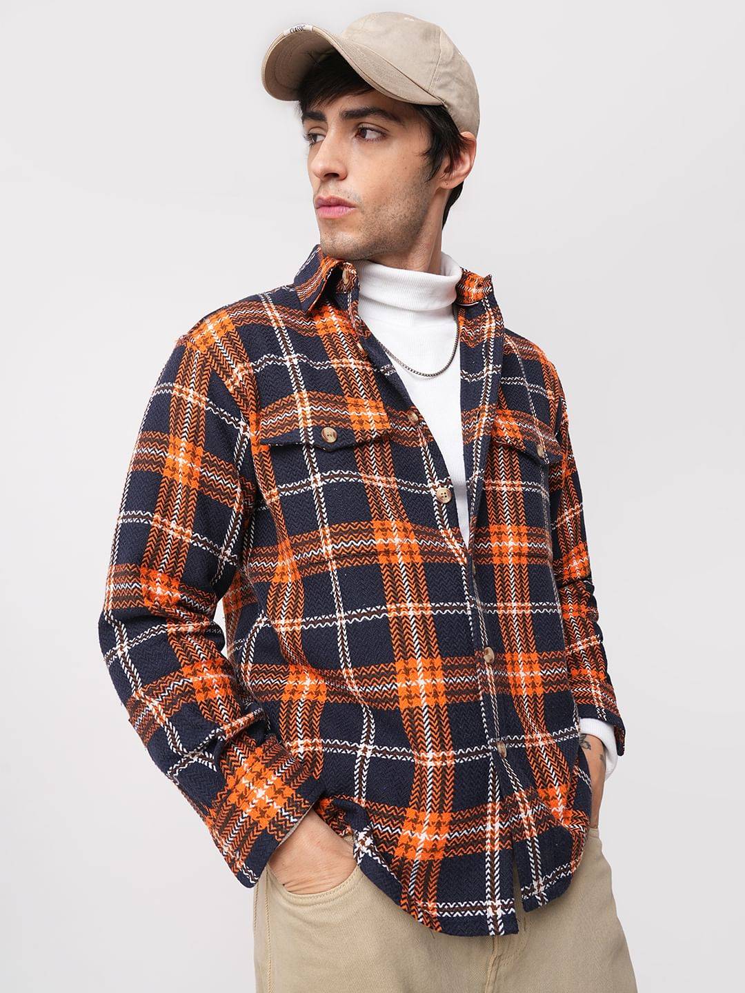 Orange & Navy Tweed Checks Double Flap Pocket Flannel Shirt Buy only at ₹799