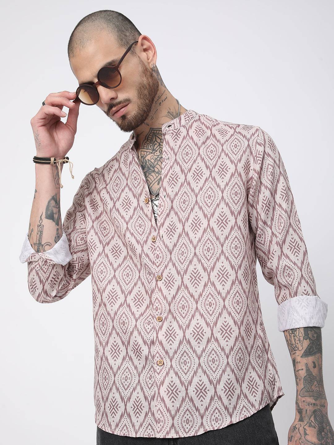 Beige & Brown Ikat Printed Mandarin Collar Shirt Buy only at ₹495