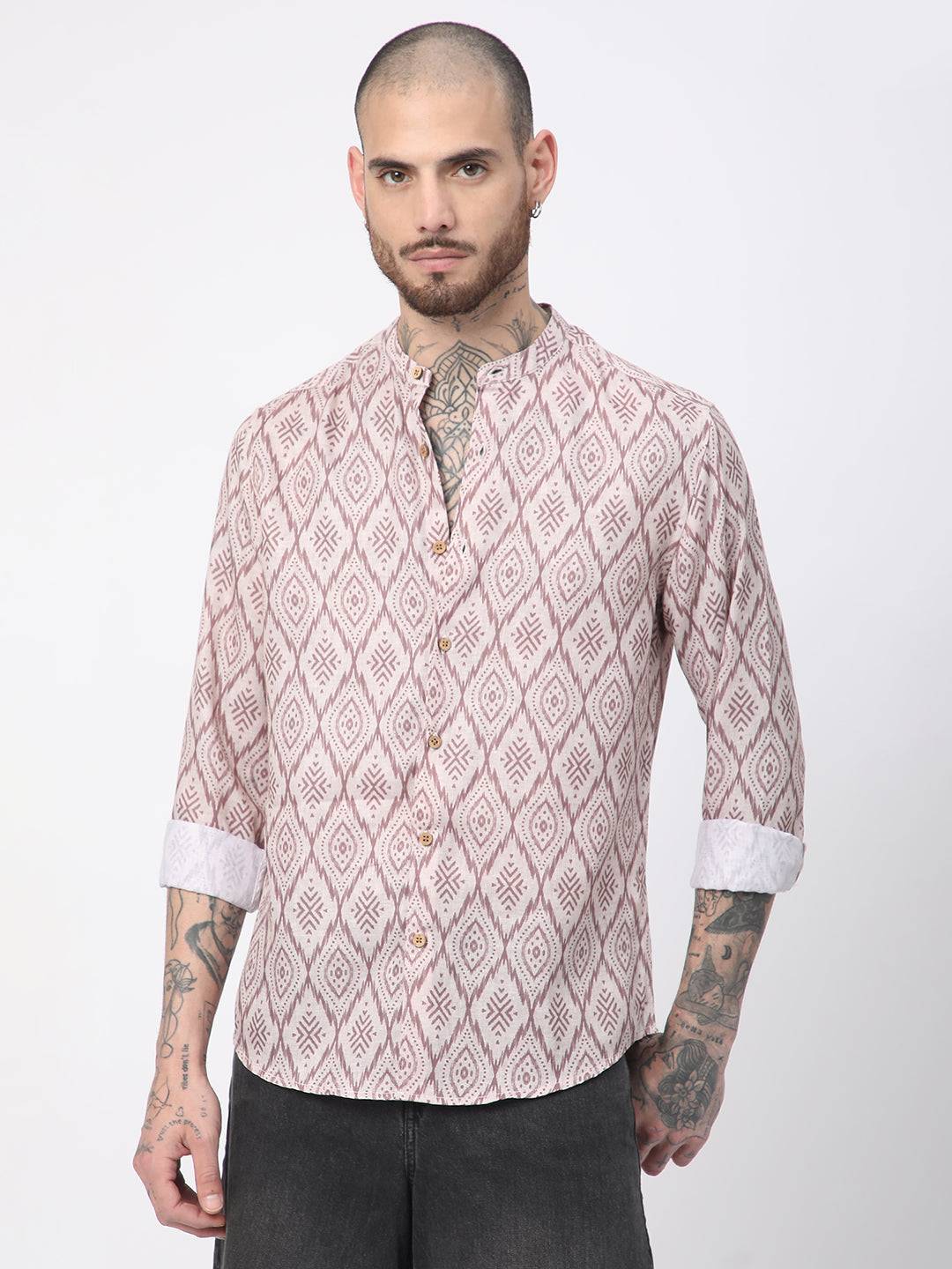 Beige & Brown Ikat Printed Mandarin Collar Shirt Buy only at ₹495