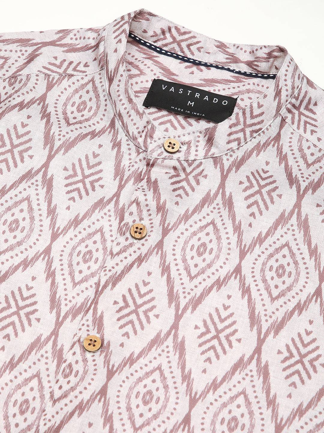 Beige & Brown Ikat Printed Mandarin Collar Shirt Buy only at ₹495