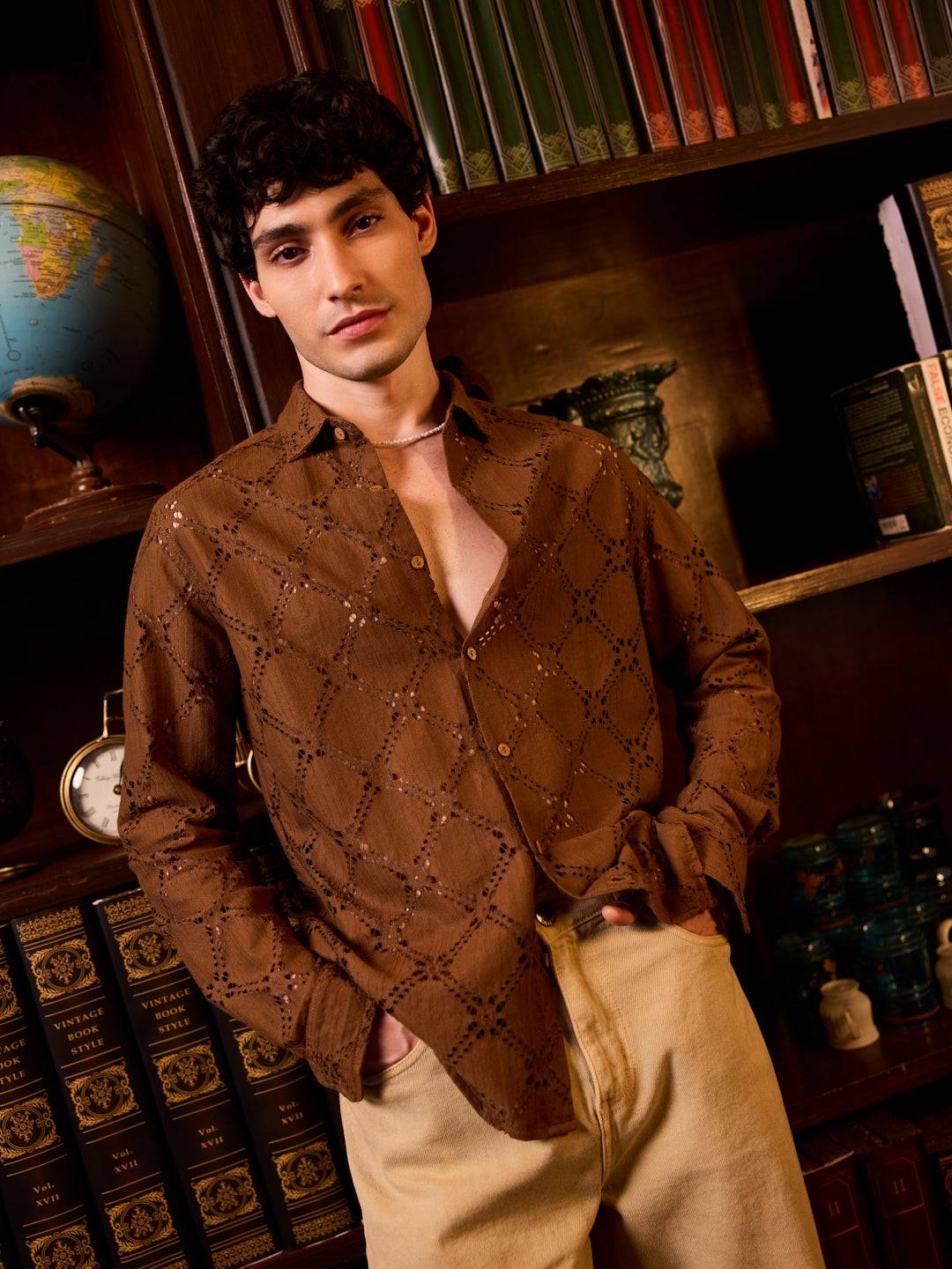 Russet Brown Crochet Shirt Buy only at ₹599
