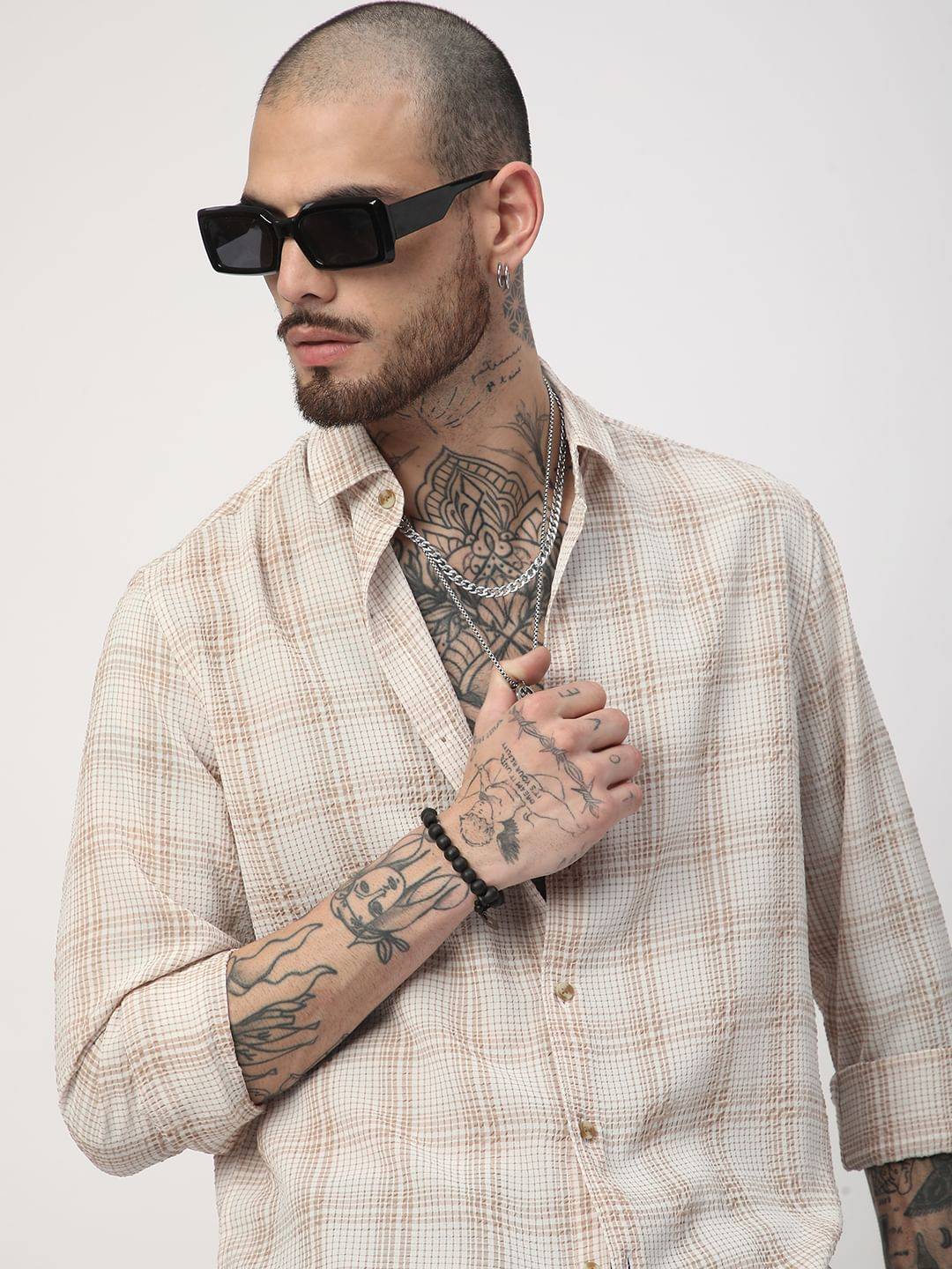 Copper Brown Mini Plaid Checks Seersucker Shirt Buy only at ₹659