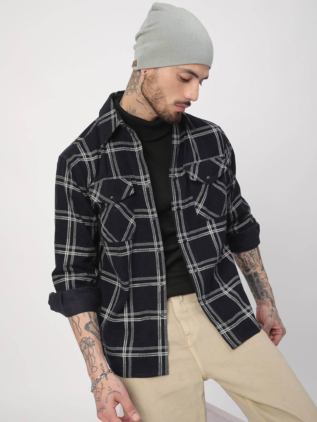 Navy & White Checked Corduroy Double Pocket Overshirt Buy only at ₹644