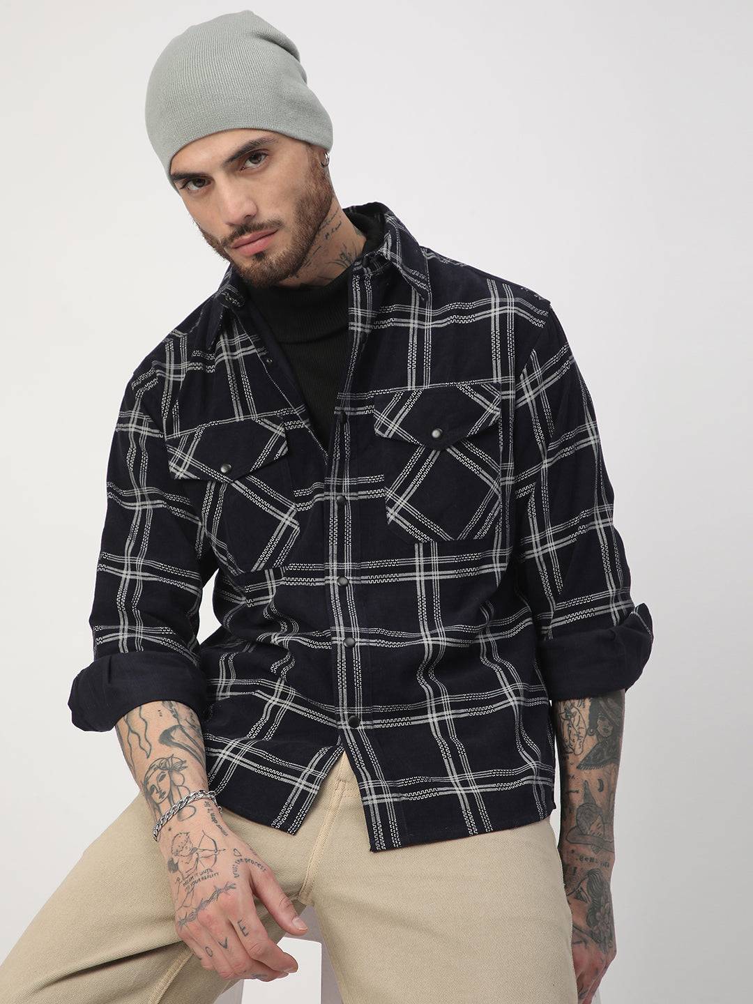 Navy & White Checked Corduroy Double Pocket Overshirt Buy only at ₹644