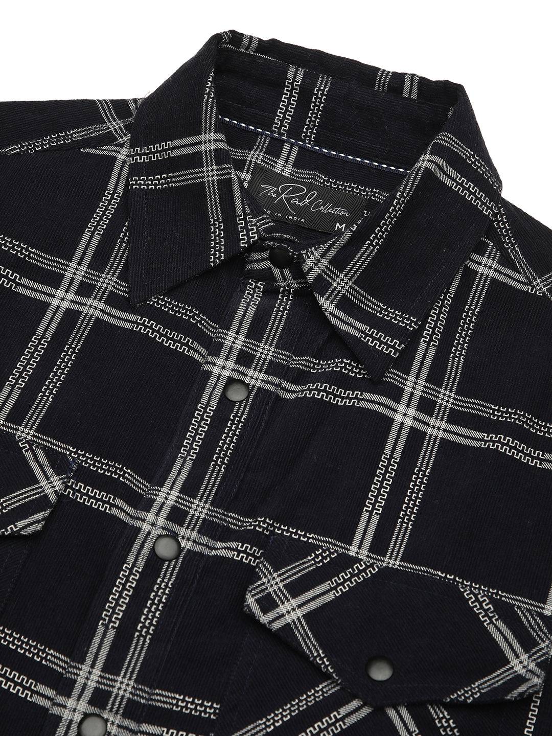 Navy & White Checked Corduroy Double Pocket Overshirt Buy only at ₹644