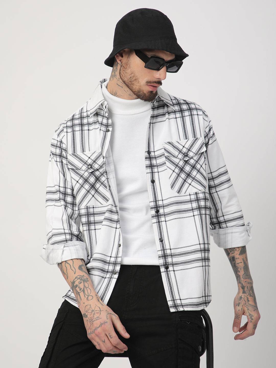 White Chevron Checks Double Flap Pocket Corduroy Overshirt Buy only at ₹859