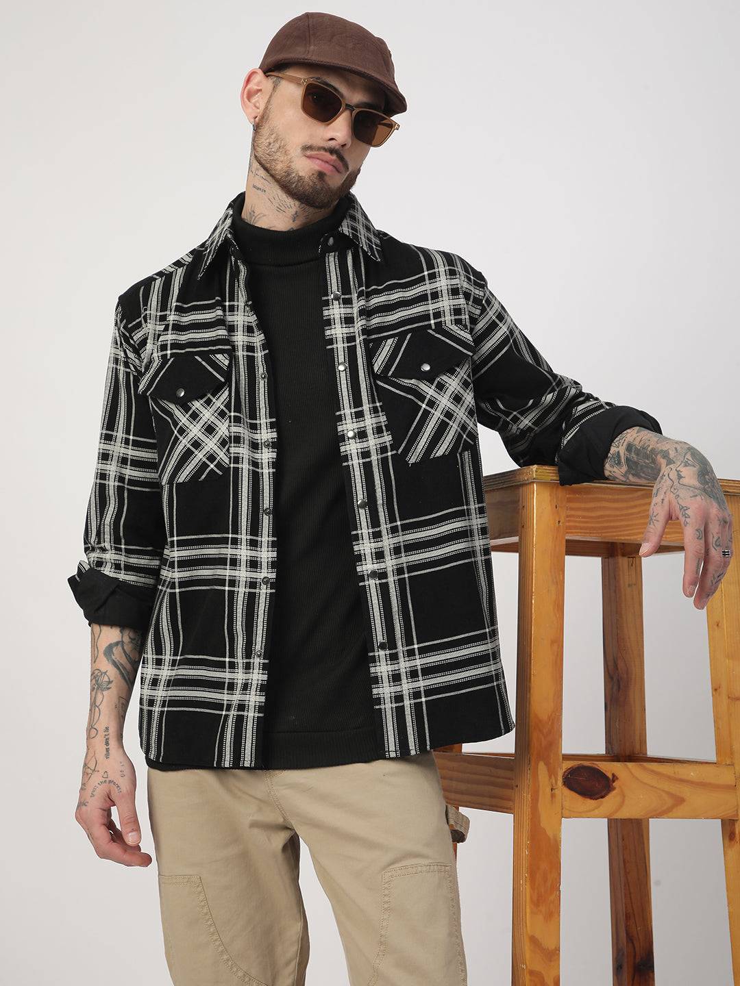 Jet Black & White Checkered Double Pocket Corduroy Overshirt Buy only at ₹859