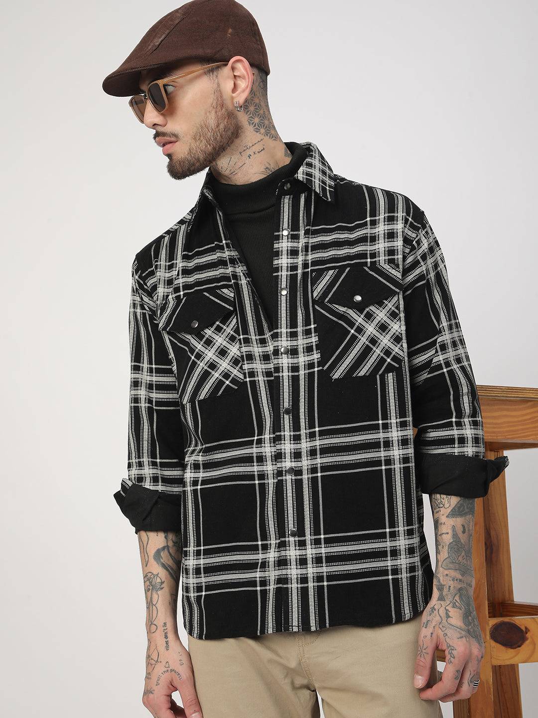 Jet Black & White Checkered Double Pocket Corduroy Overshirt Buy only at ₹859