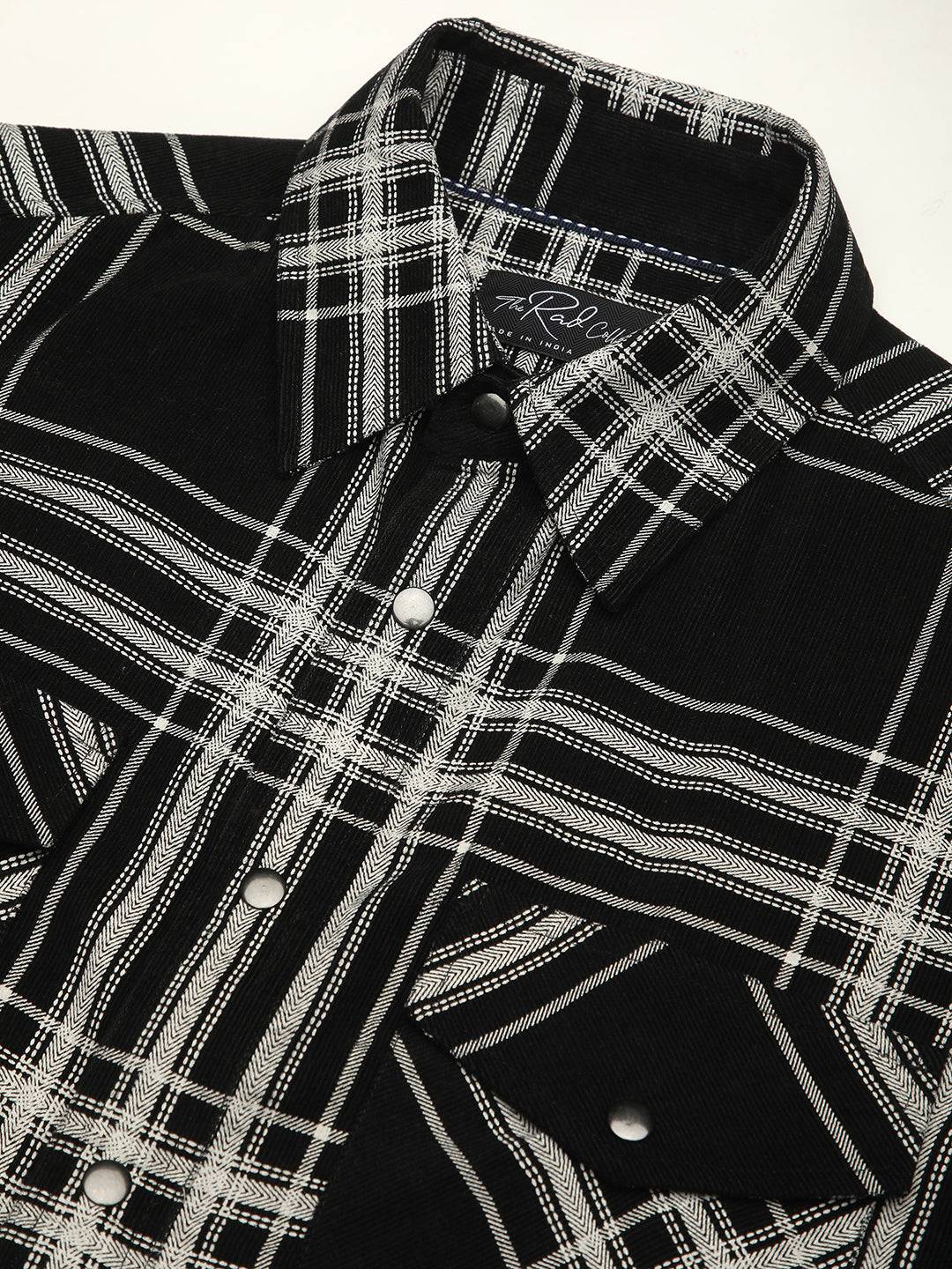Jet Black & White Checkered Double Pocket Corduroy Overshirt Buy only at ₹859