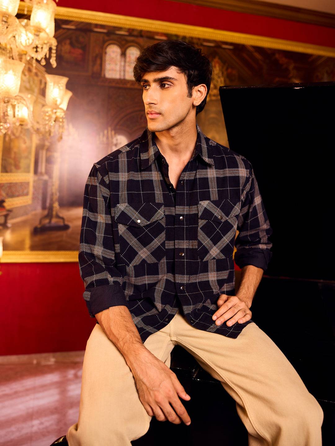 Elan Navy Dot Checks Double Flap Pocket Corduroy Overshirt Buy only at ₹644