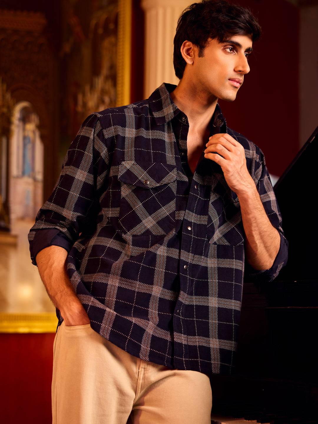 Elan Navy Dot Checks Double Flap Pocket Corduroy Overshirt Buy only at ₹644