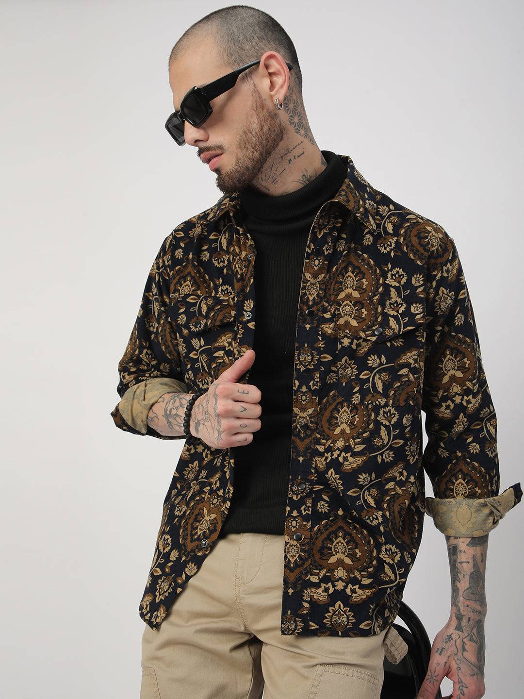 Navy Floral Paisley Printed Double Pocket Corduroy Shirt Buy only at ₹859