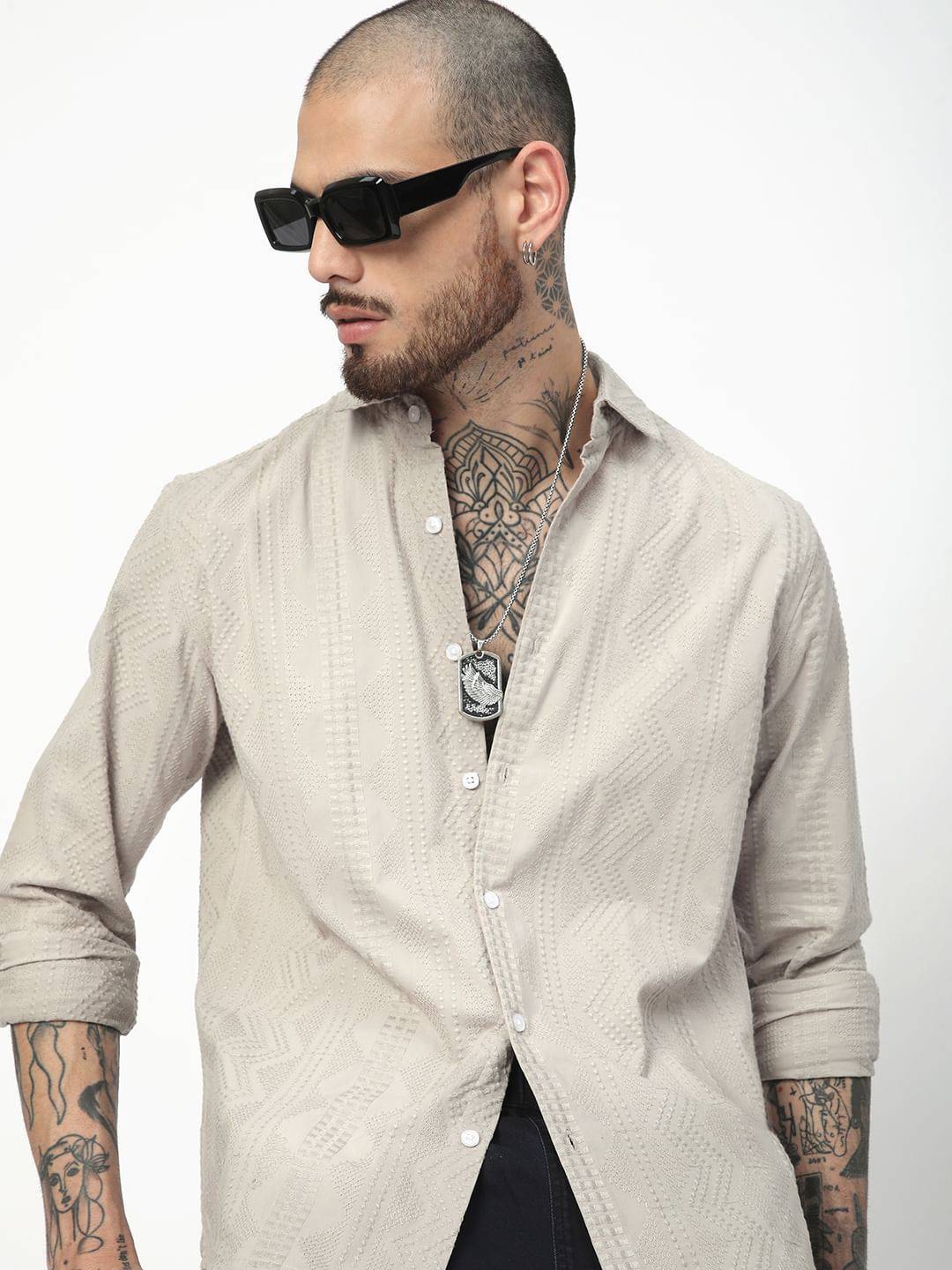 Premium Cotton Harbour Grey Geometric Embroidered Shirt Buy only at ₹899