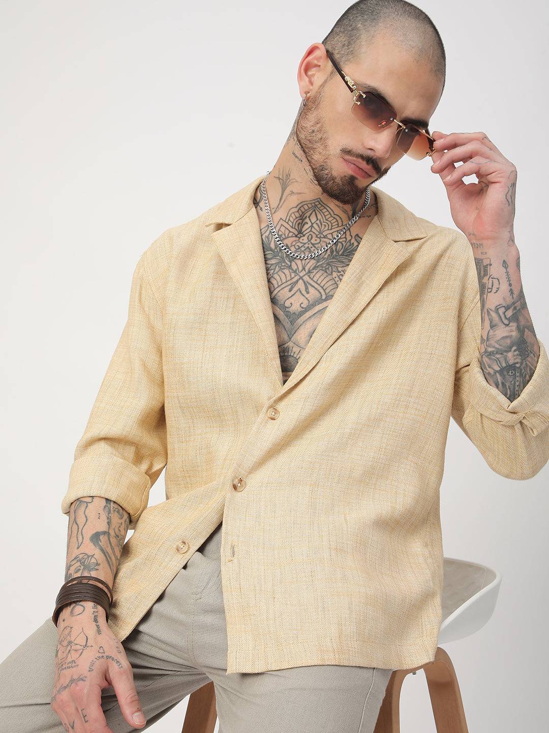 Beige Melange Burlap Oversized Notched Lapel Collar Shirt Buy only at ₹759