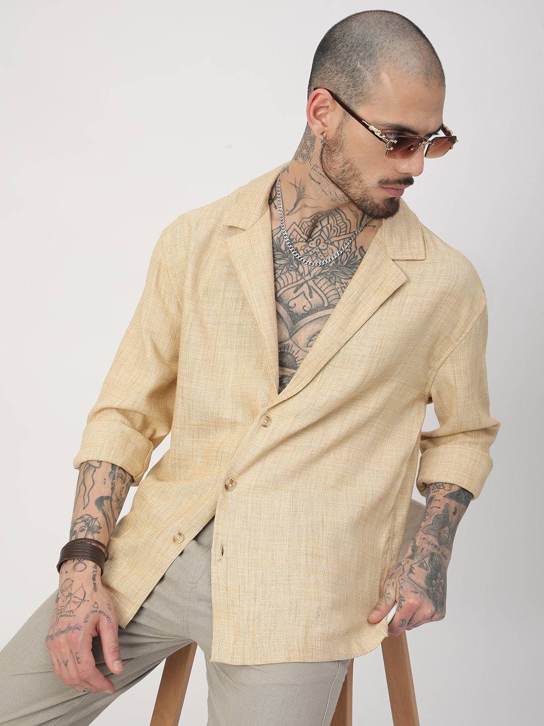Beige Melange Burlap Oversized Notched Lapel Collar Shirt Buy only at ₹759