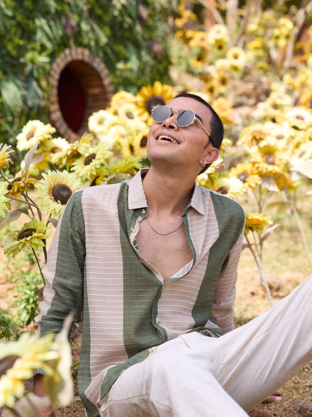 Suave Olive & Beige Horizontal Striped Dobby Shirt Buy only at ₹599