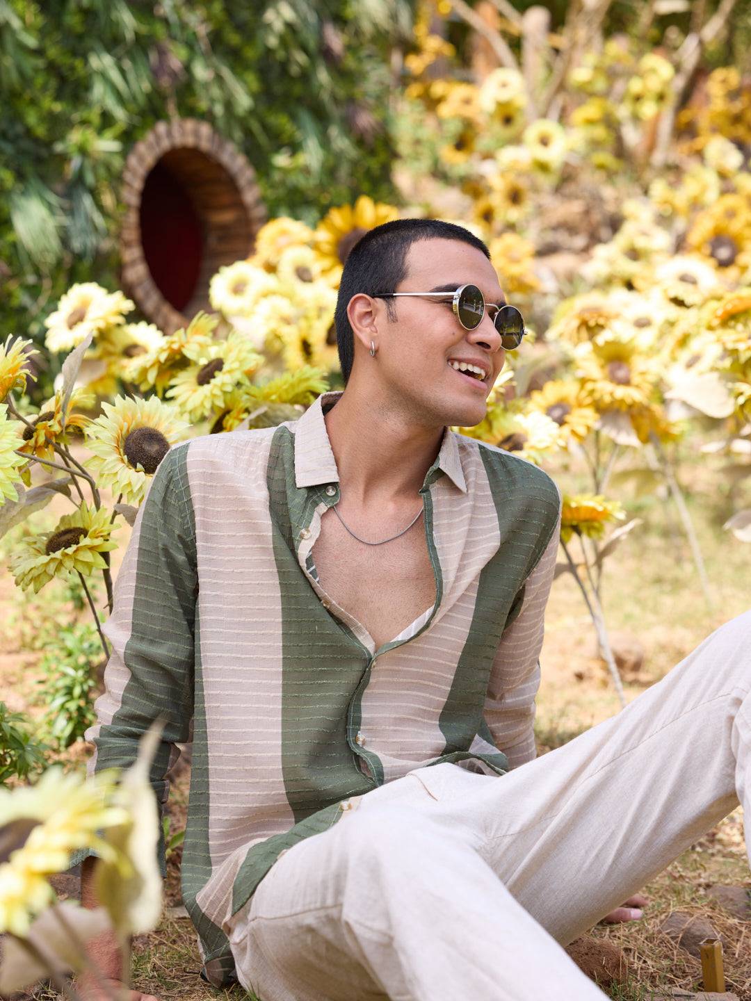 Suave Olive & Beige Horizontal Striped Dobby Shirt Buy only at ₹599