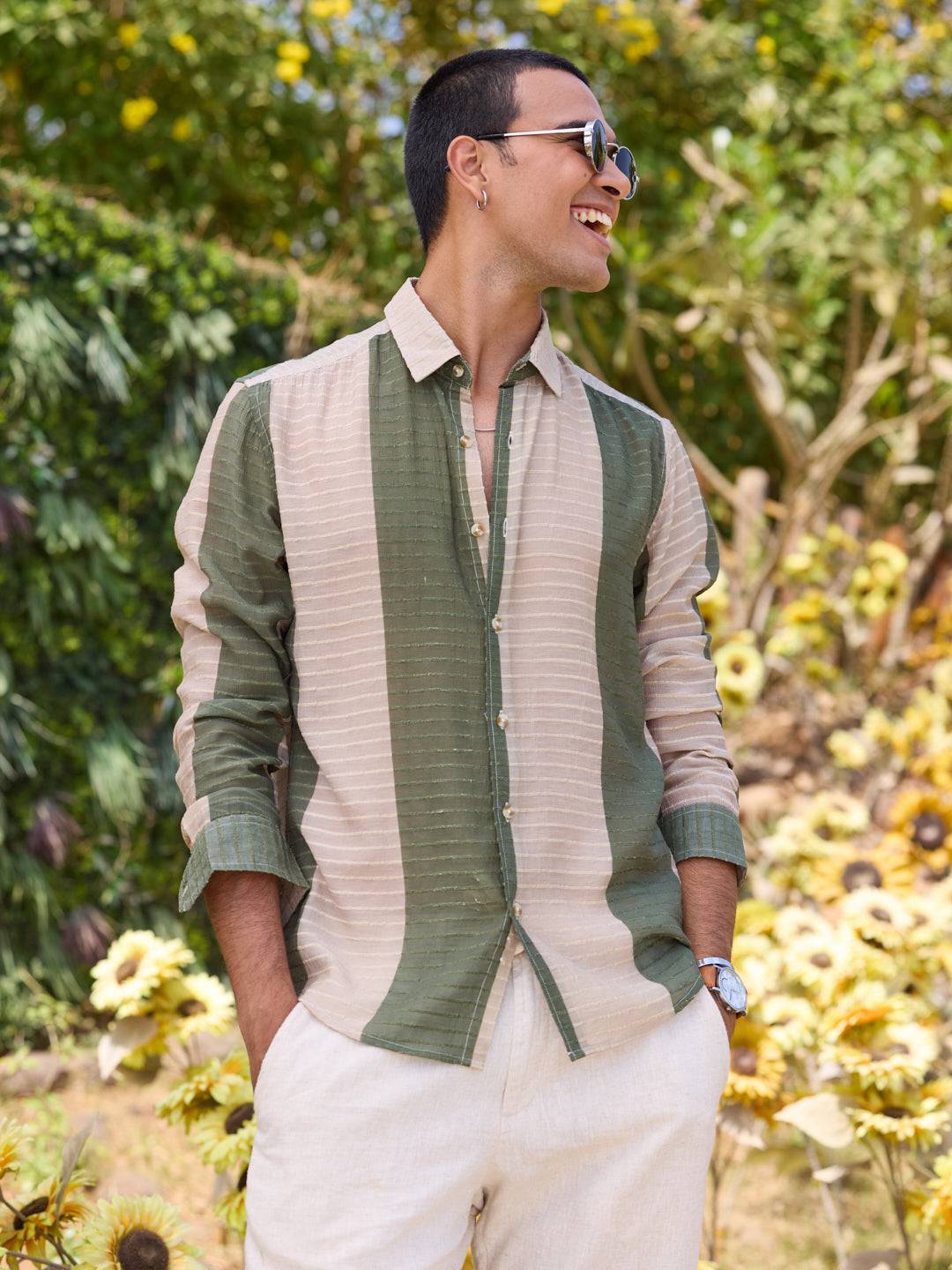 Suave Olive & Beige Horizontal Striped Dobby Shirt Buy only at ₹599