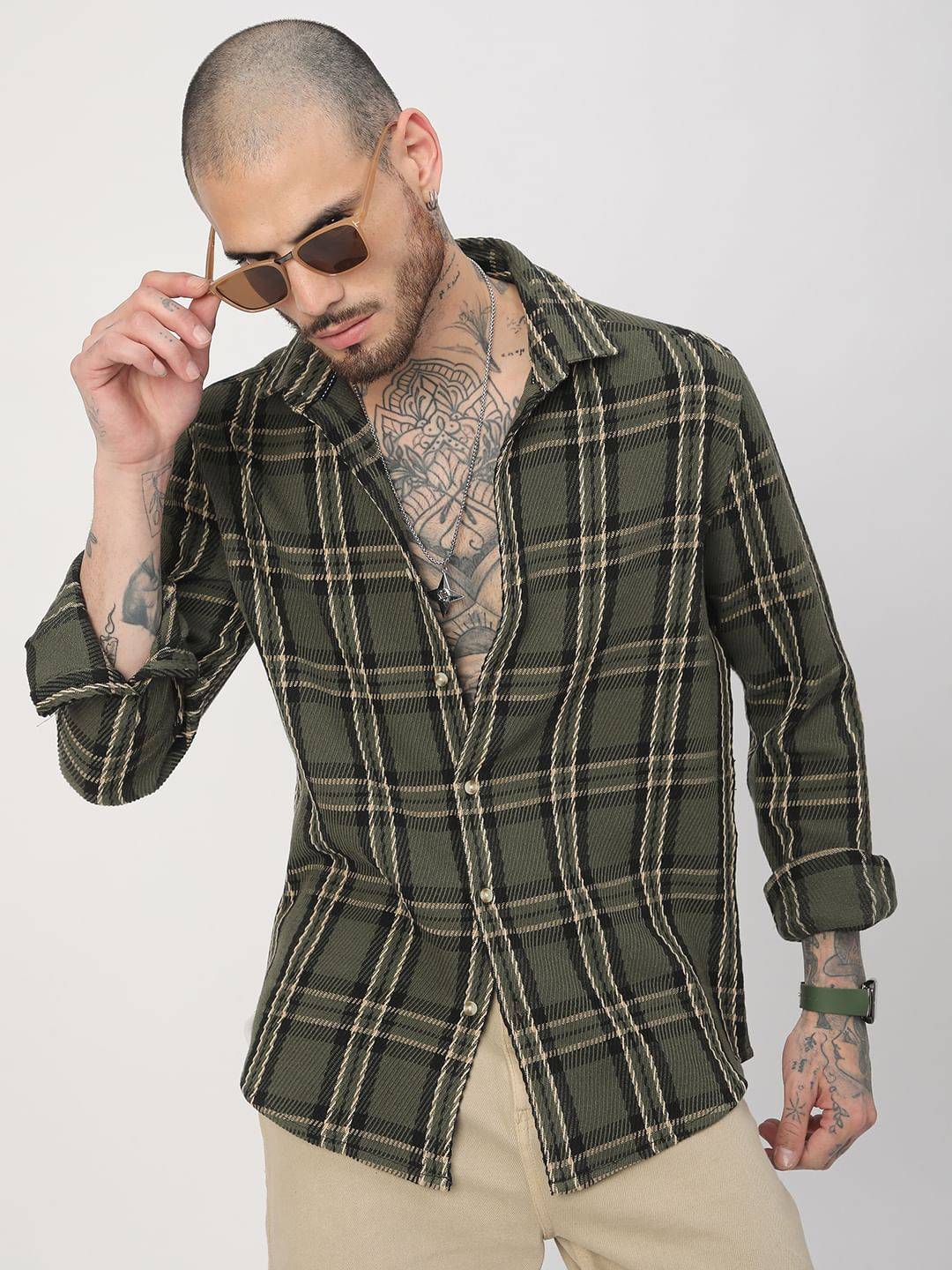 Opulent Olive & Black Heavy Twill Box Checks Shirt Buy only at ₹759