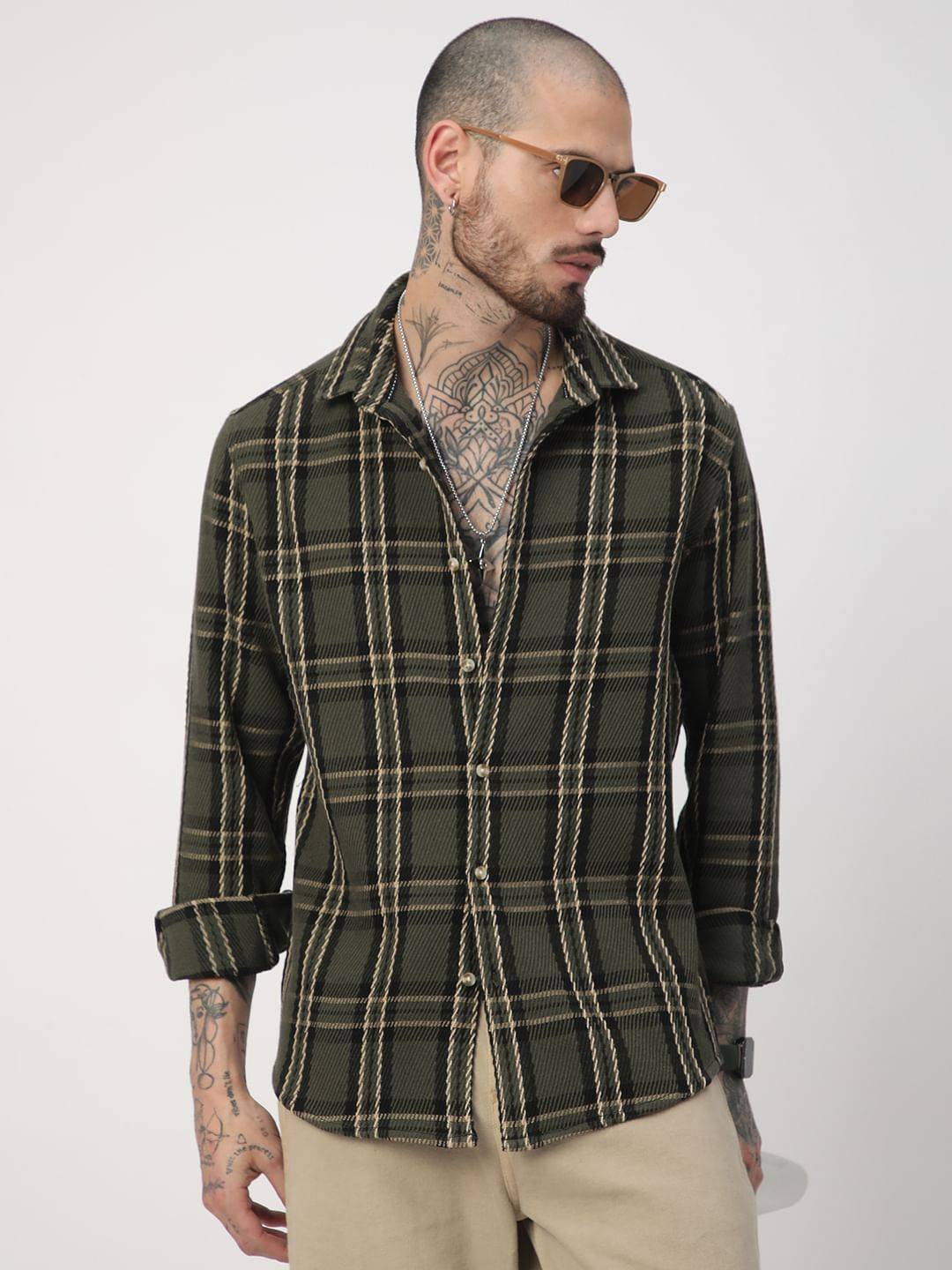 Opulent Olive & Black Heavy Twill Box Checks Shirt Buy only at ₹759
