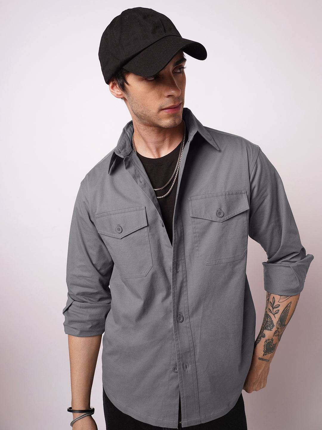 Super Soft Dim Grey Double Pocket Overshirt Buy only at ₹859