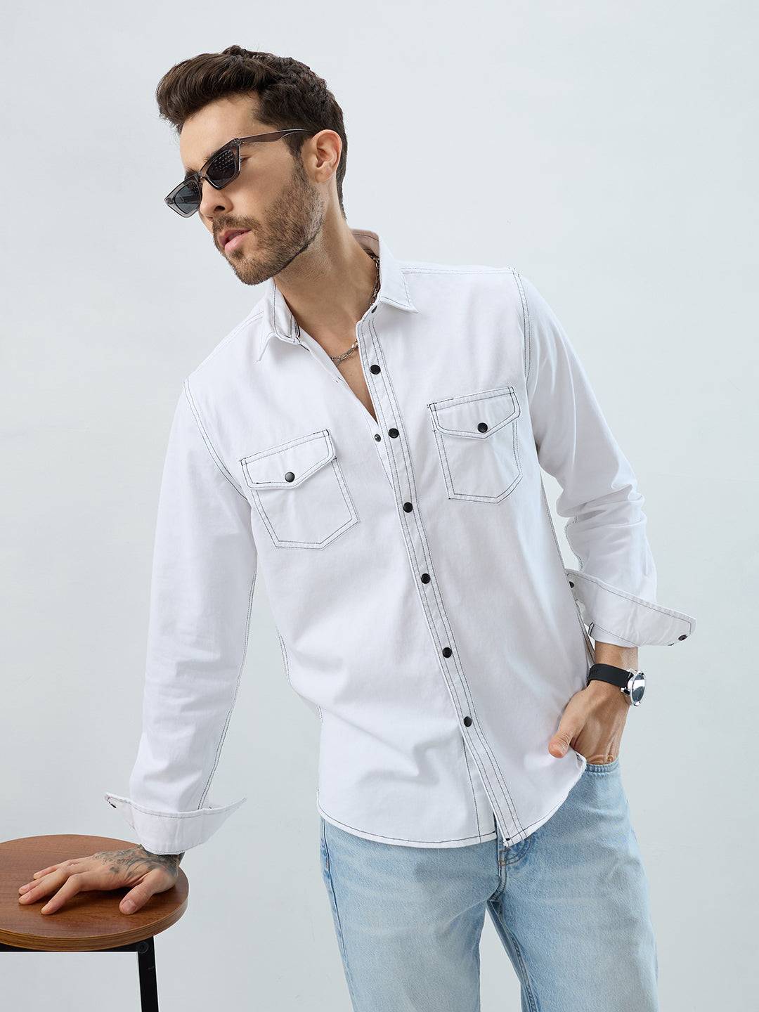 White Contrast Stitch Double Pocket Overshirt Buy only at ₹759