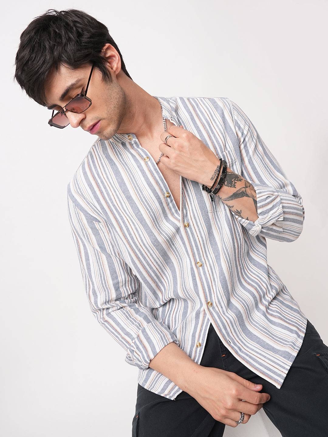 Blue & White Vertical Stripes Mandarin Shirt Buy only at ₹659
