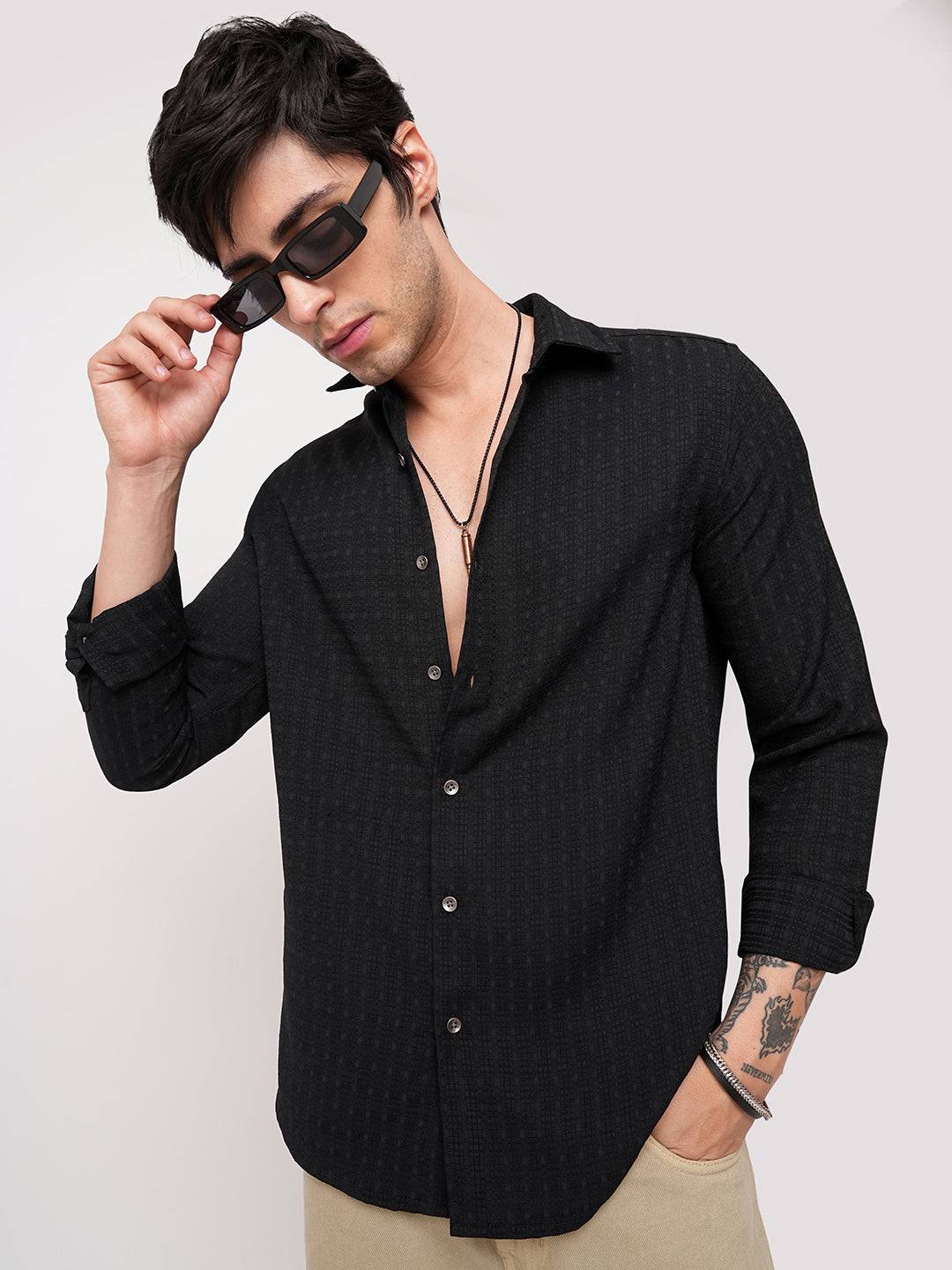 Refined Black Textured Shirt Buy only at ₹699