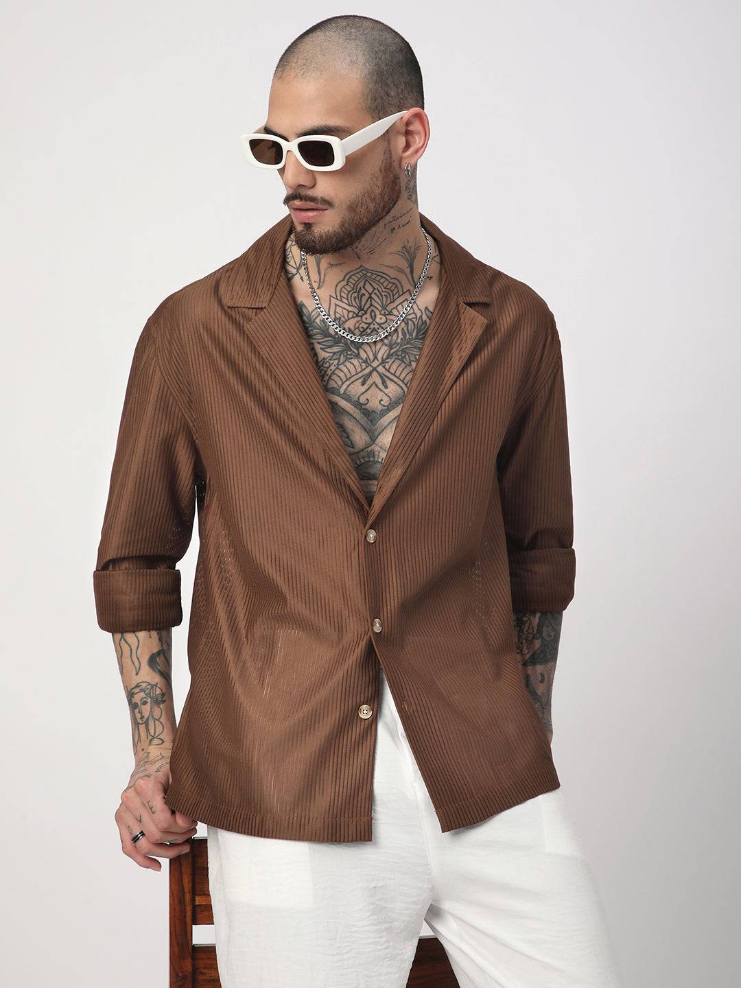 Walnut Brown Ribbed Oversized Notched Lapel Collar Shirt Buy only at ₹494