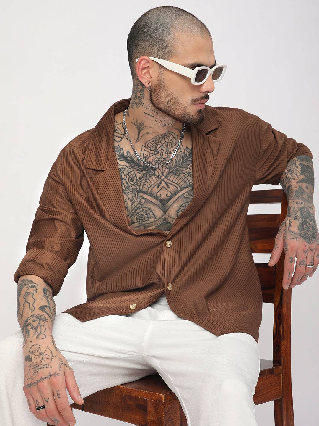 Walnut Brown Ribbed Oversized Notched Lapel Collar Shirt Buy only at ₹494