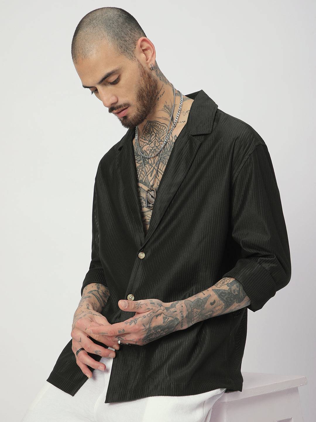 Pine Green Ribbed Oversized Notched Lapel Collar Shirt Buy only at ₹494