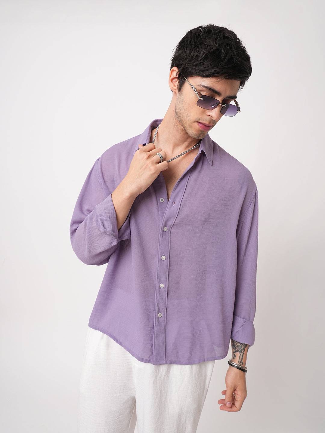 Heather Purple Crinkled Boxy Fit Crop Shirt Buy only at ₹659