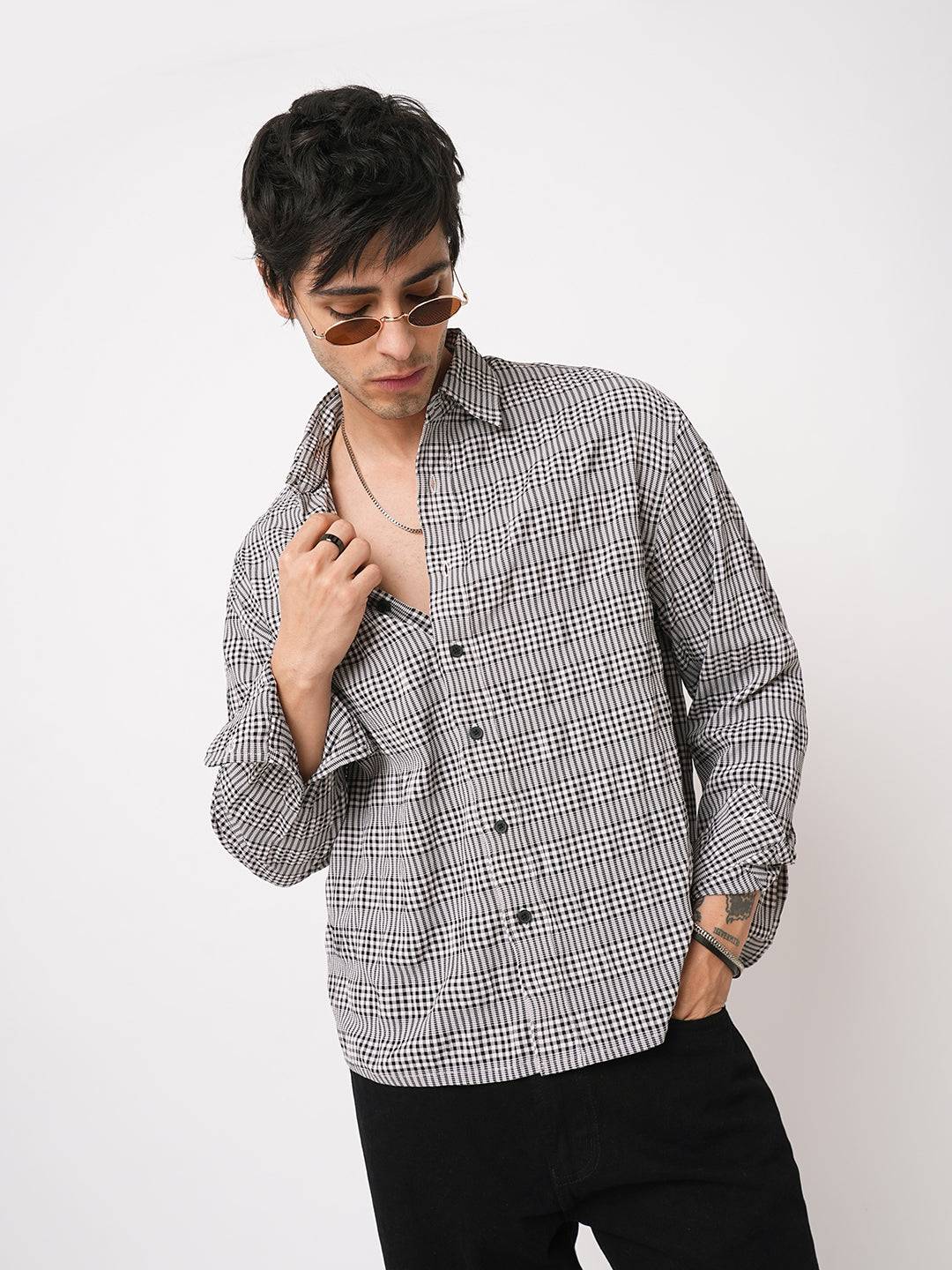 Black Seersucker Checks Boxy Fit Crop Shirt Buy only at ₹659