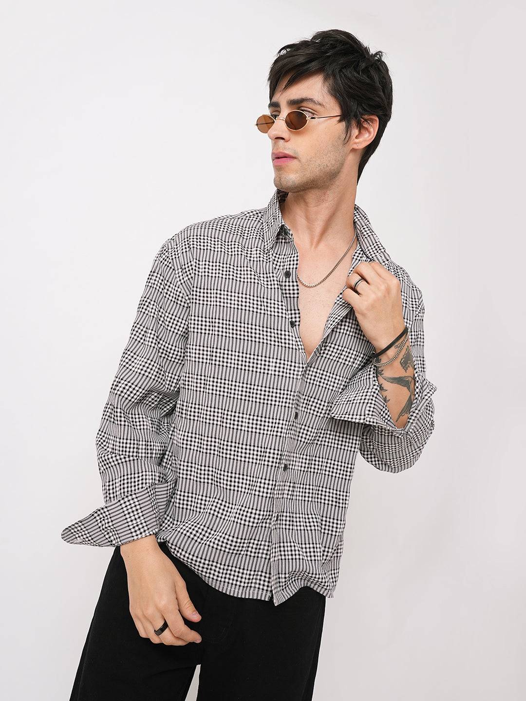 Black Seersucker Checks Boxy Fit Crop Shirt Buy only at ₹659