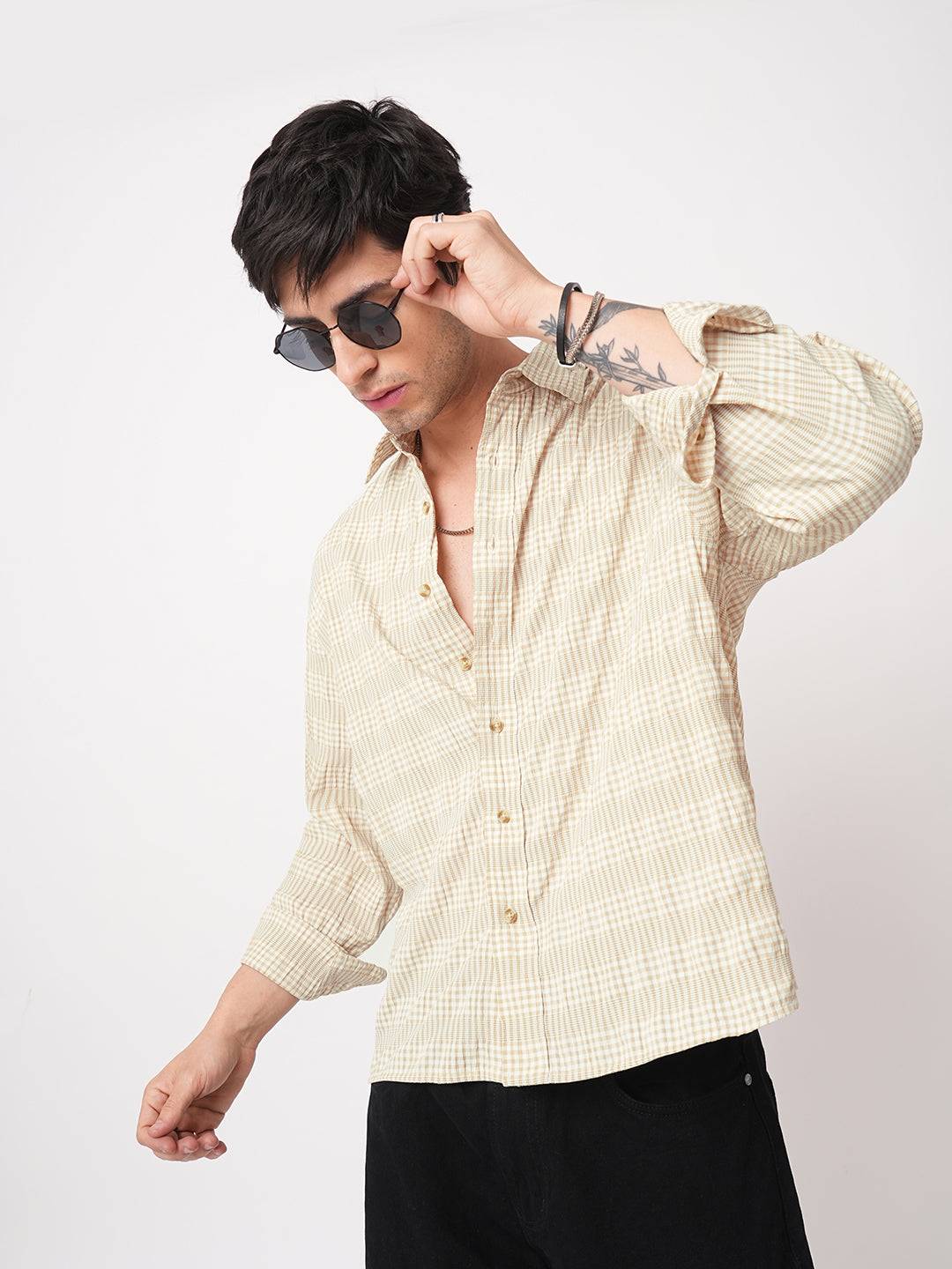 Sand Beige Seersucker Checks Boxy Fit Crop Shirt Buy only at ₹659