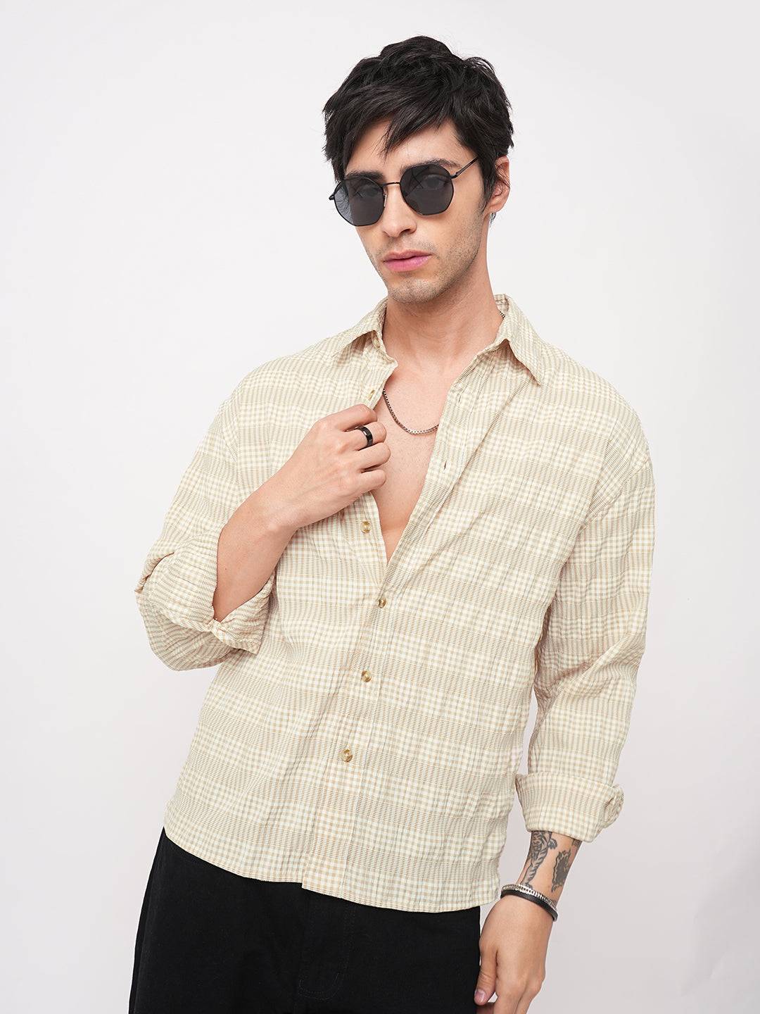 Sand Beige Seersucker Checks Boxy Fit Crop Shirt Buy only at ₹659