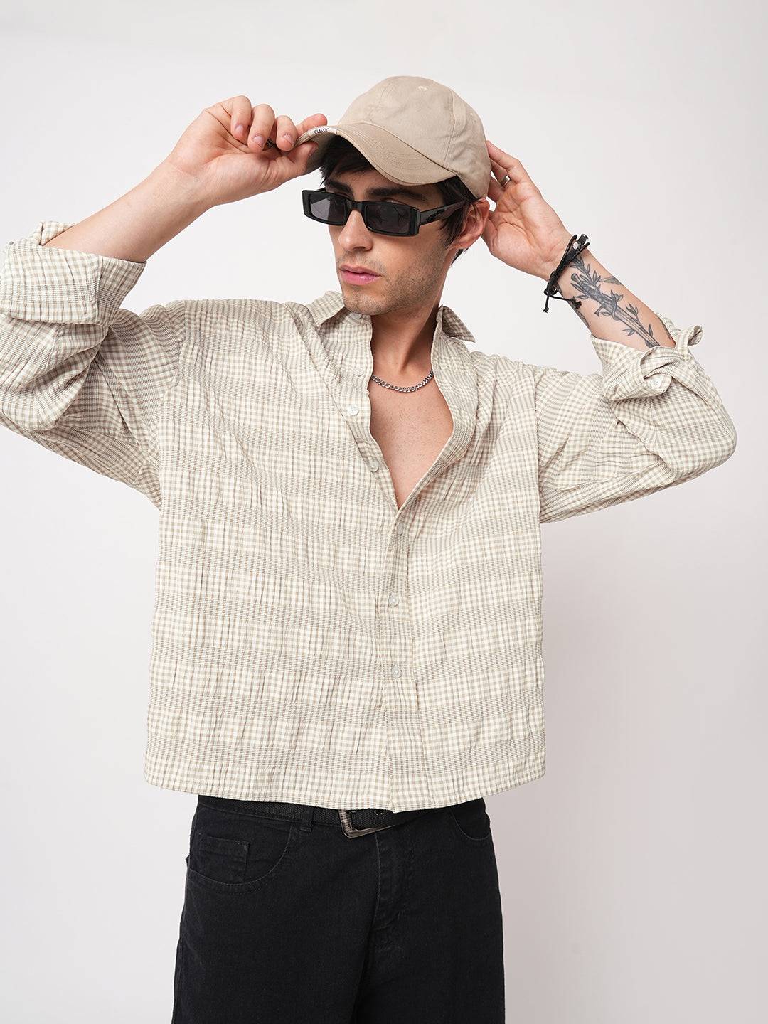 Laurel Green Seersucker Checks Boxy Fit Crop Shirt Buy only at ₹659