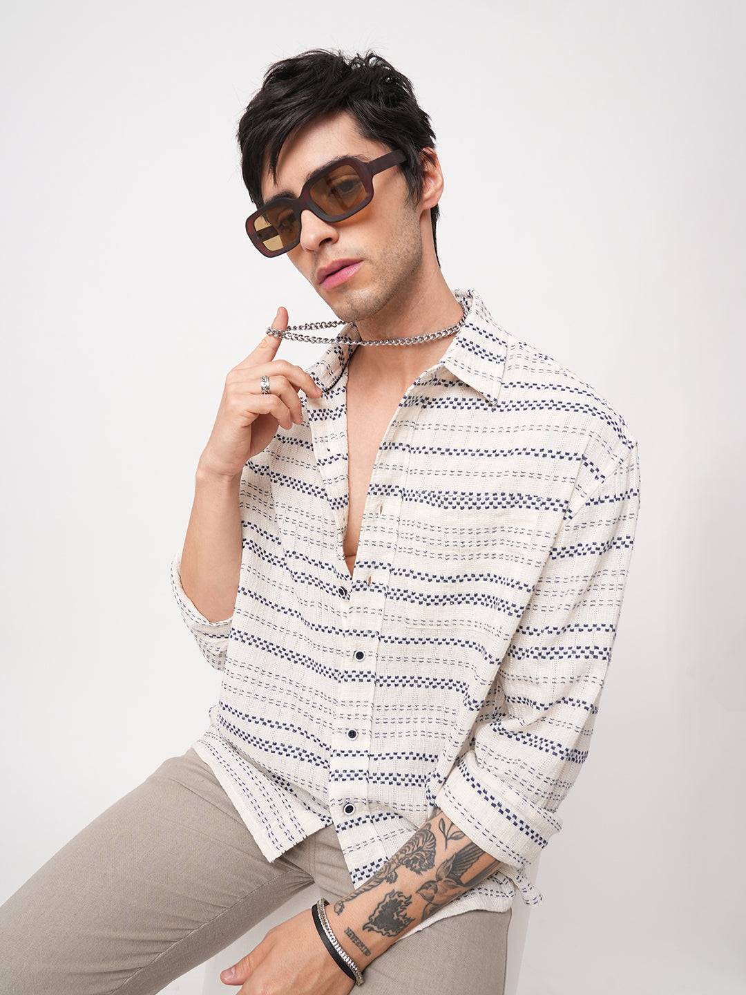 Refined Blue Striped Embroidered Boxy Fit Crop Shirt Buy only at ₹699