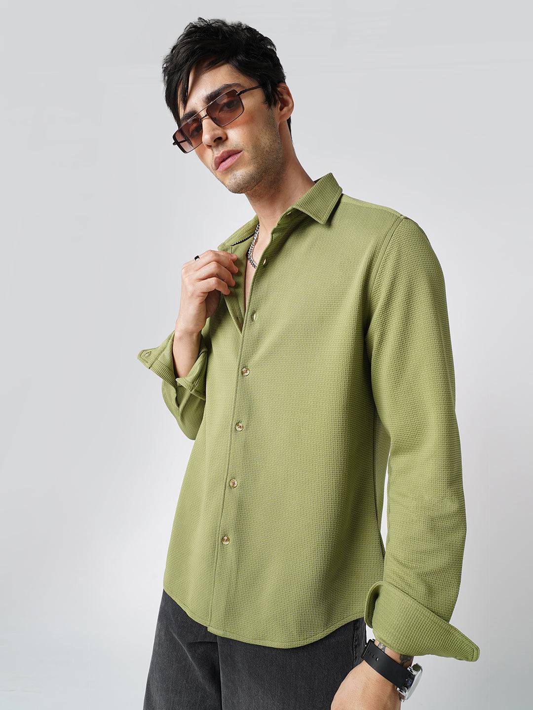 Refined Pear Green Textured Knitted Shirt Buy only at ₹699