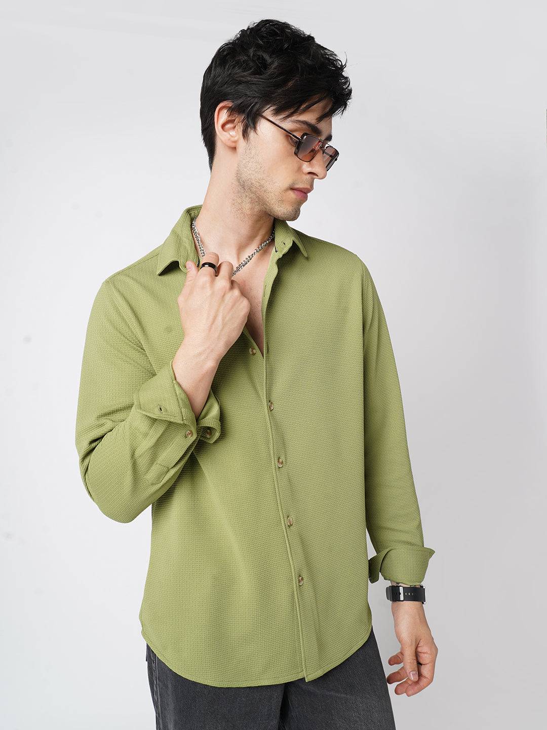 Refined Pear Green Textured Knitted Shirt Buy only at ₹699