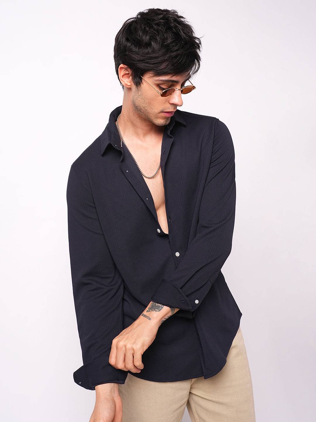 Gallant Navy Blue Waffle Knitted Shirt Buy only at ₹699
