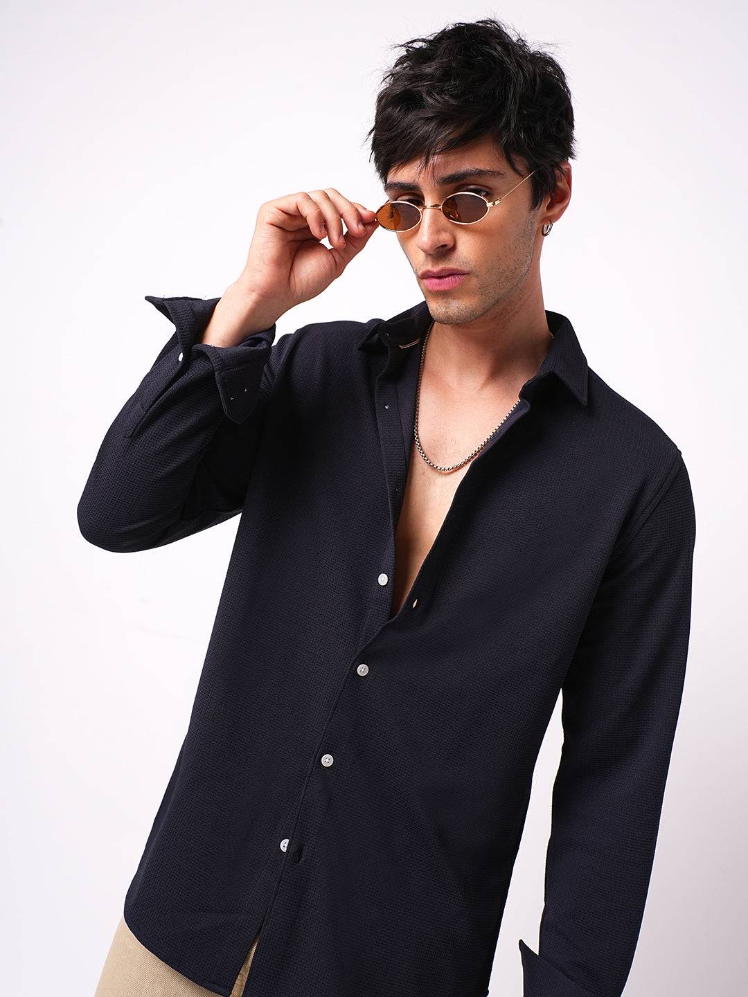 Gallant Navy Blue Waffle Knitted Shirt Buy only at ₹699