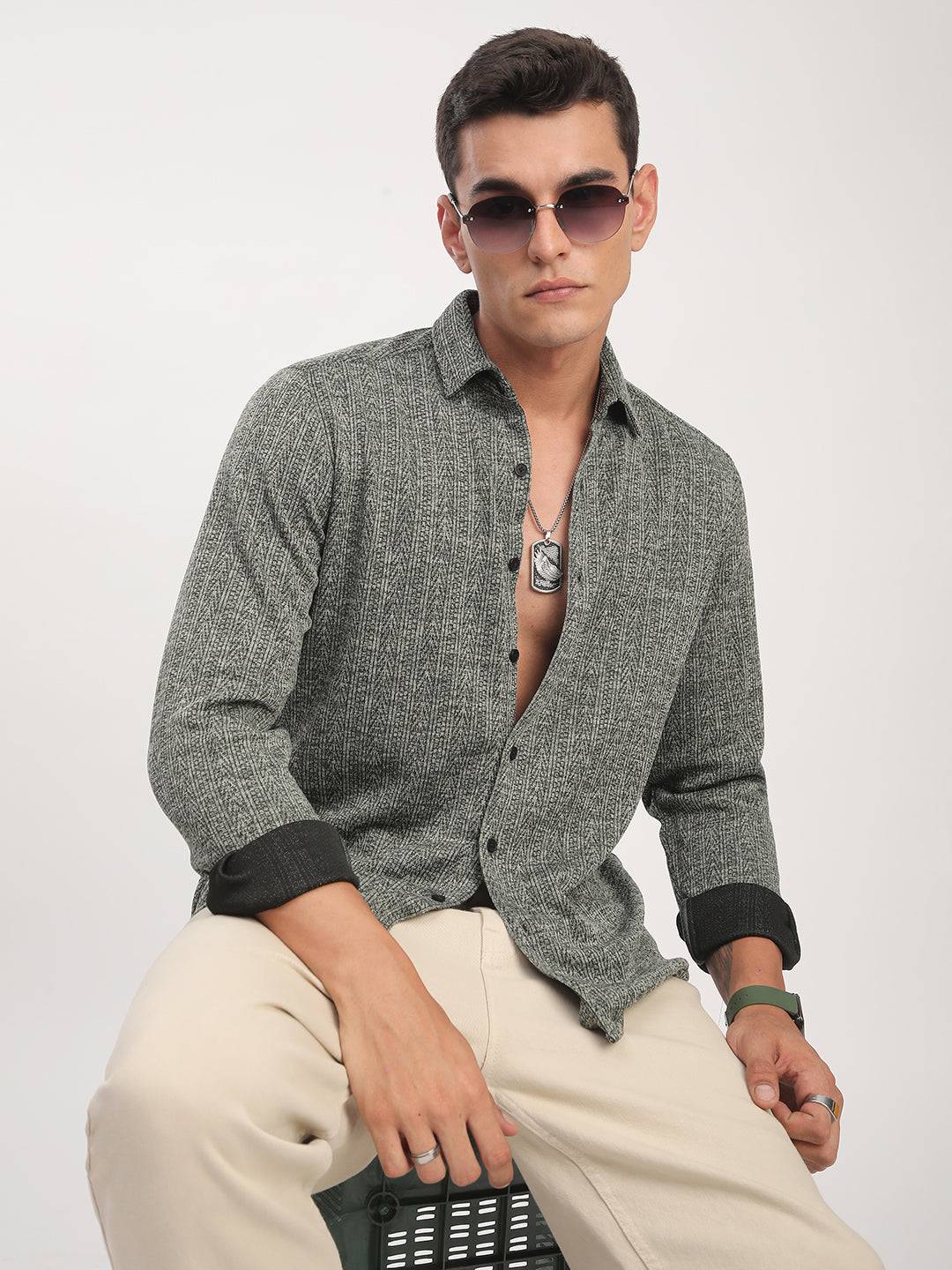 Green Textured Knitted Shirt Buy only at ₹699