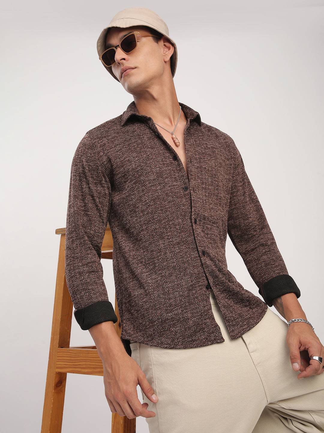 Brown Textured Knitted Shirt Buy only at ₹699