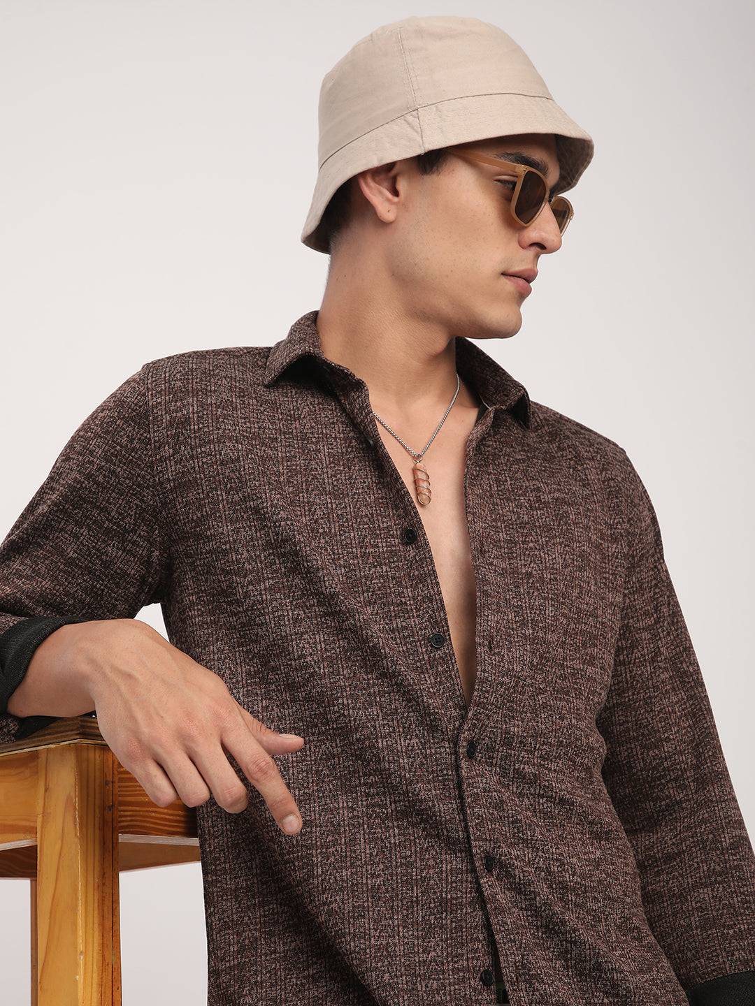 Brown Textured Knitted Shirt Buy only at ₹699