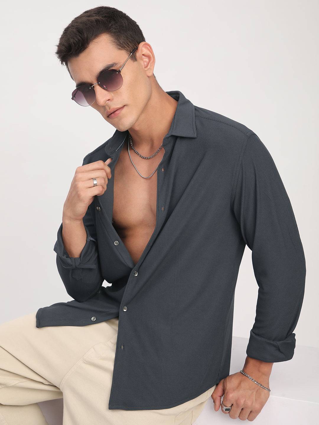 Dark Grey Textured Knitted Shirt Buy only at ₹699