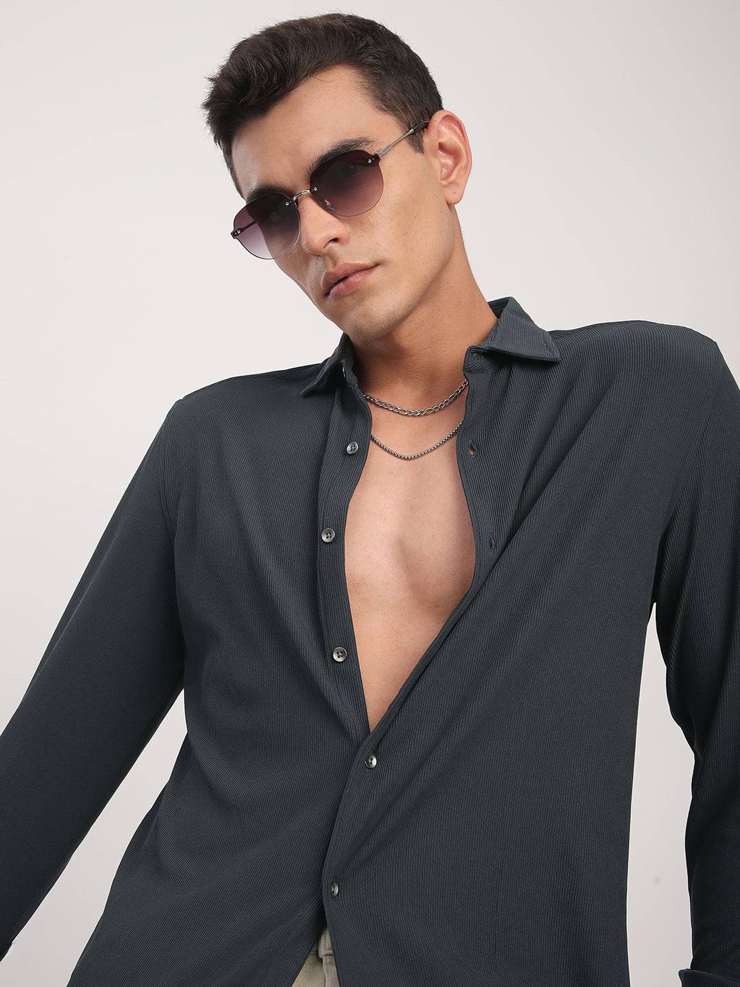 Dark Grey Textured Knitted Shirt Buy only at ₹699