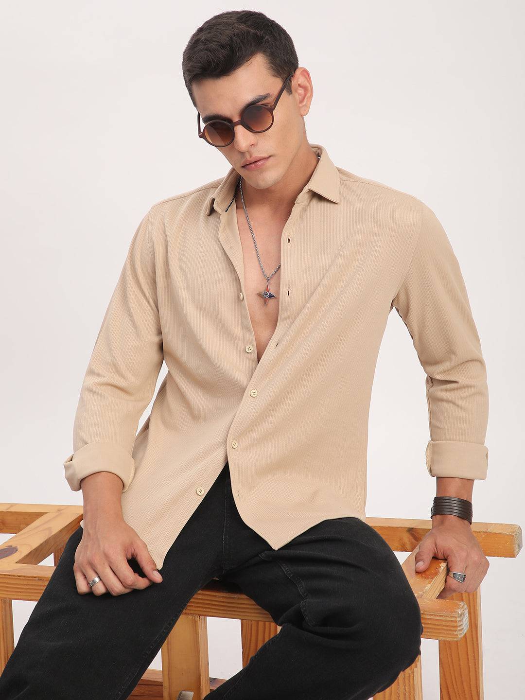 Refined Hairline Stripes Beige Knitted Shirt Buy only at ₹699