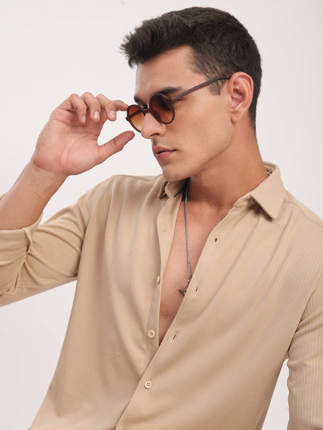 Refined Hairline Stripes Beige Knitted Shirt Buy only at ₹699