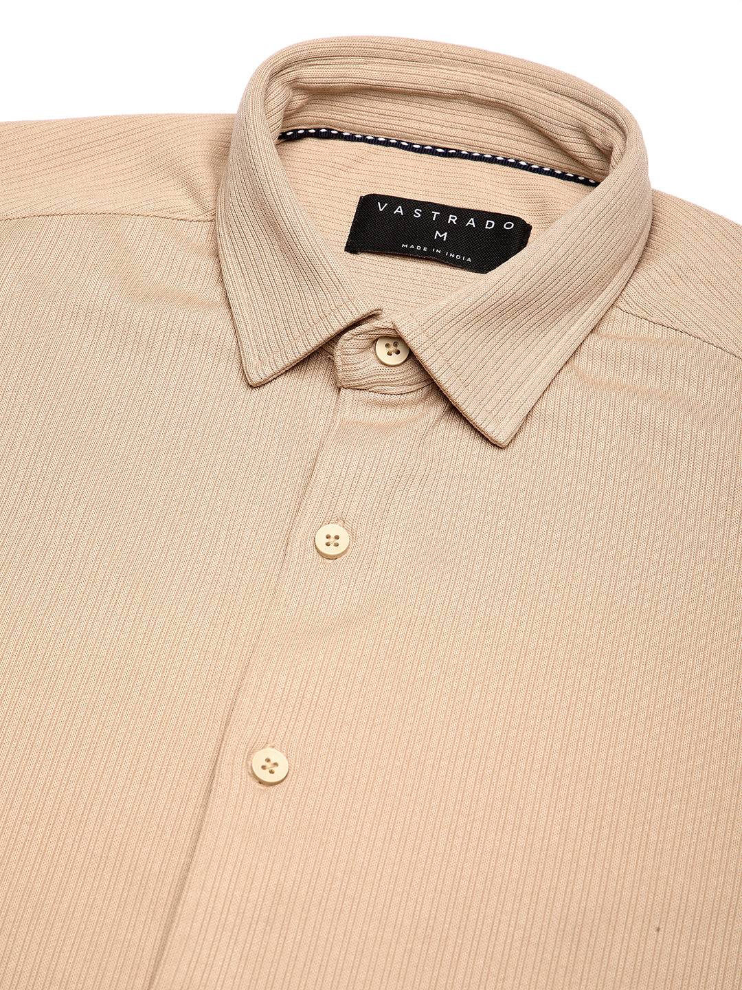 Refined Hairline Stripes Beige Knitted Shirt Buy only at ₹699